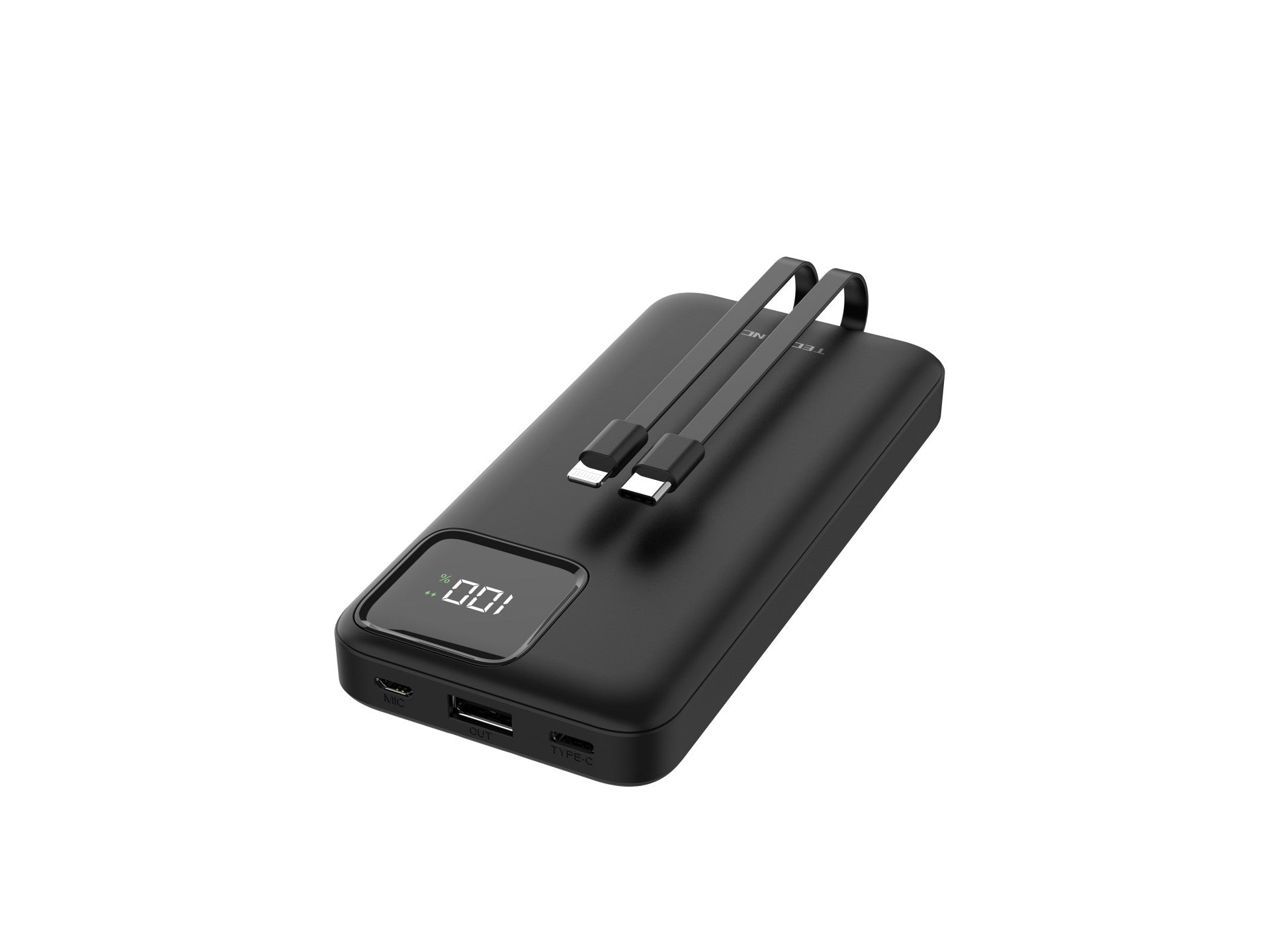 Techancy Mobile Power 10000mah 2.4a Charging TF2783, Cabo De Carregamento 2 Em 1 Usb C+Ip, Ecrã Digital De Energia, Preto Techancy