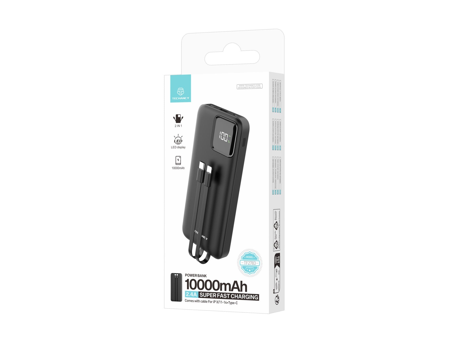 Techancy Mobile Power 10000mah 2.4a Charging TF2783, Cabo De Carregamento 2 Em 1 Usb C+Ip, Ecrã Digital De Energia, Preto Techancy