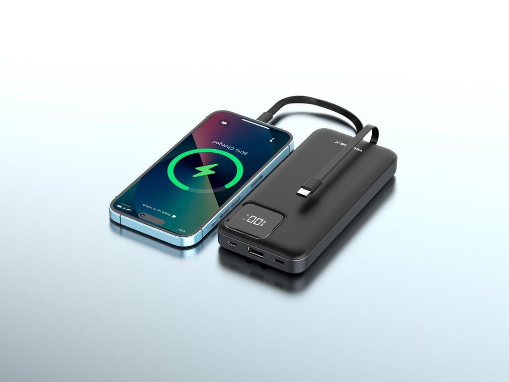 Techancy Mobile Power 10000mah 2.4a Charging TF2783, Cabo De Carregamento 2 Em 1 Usb C+Ip, Ecrã Digital De Energia, Preto Techancy